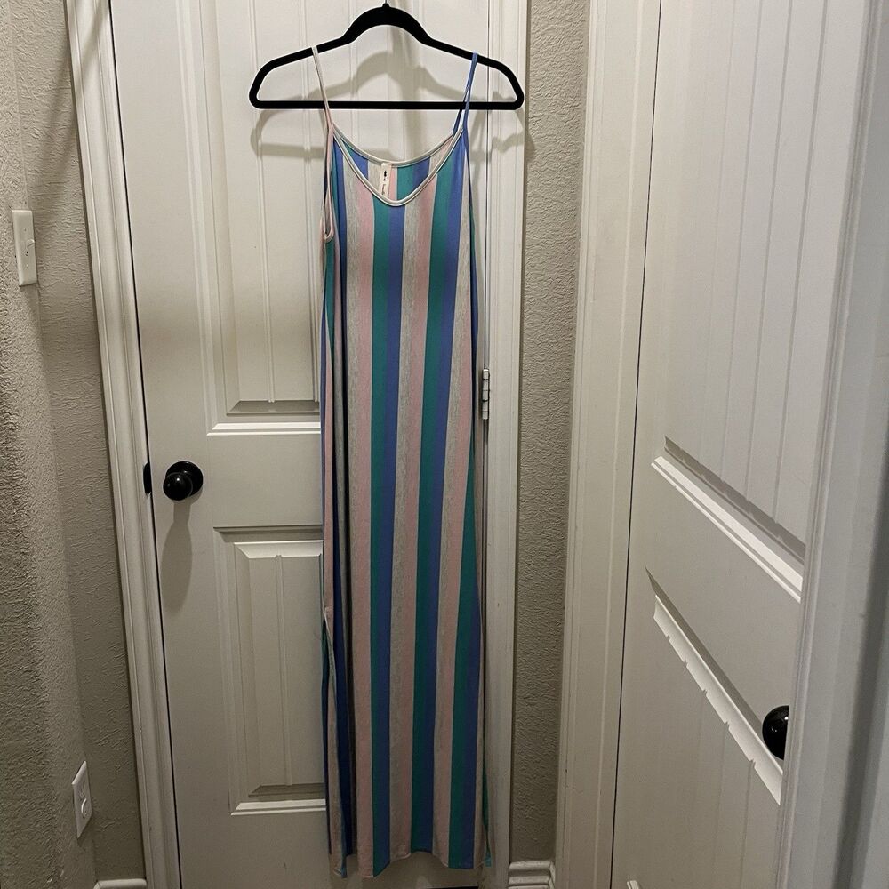 Vanilla Bay Blue Gray Green Pink Striped Strappy Maxi Dress Beachy Womens Size M
